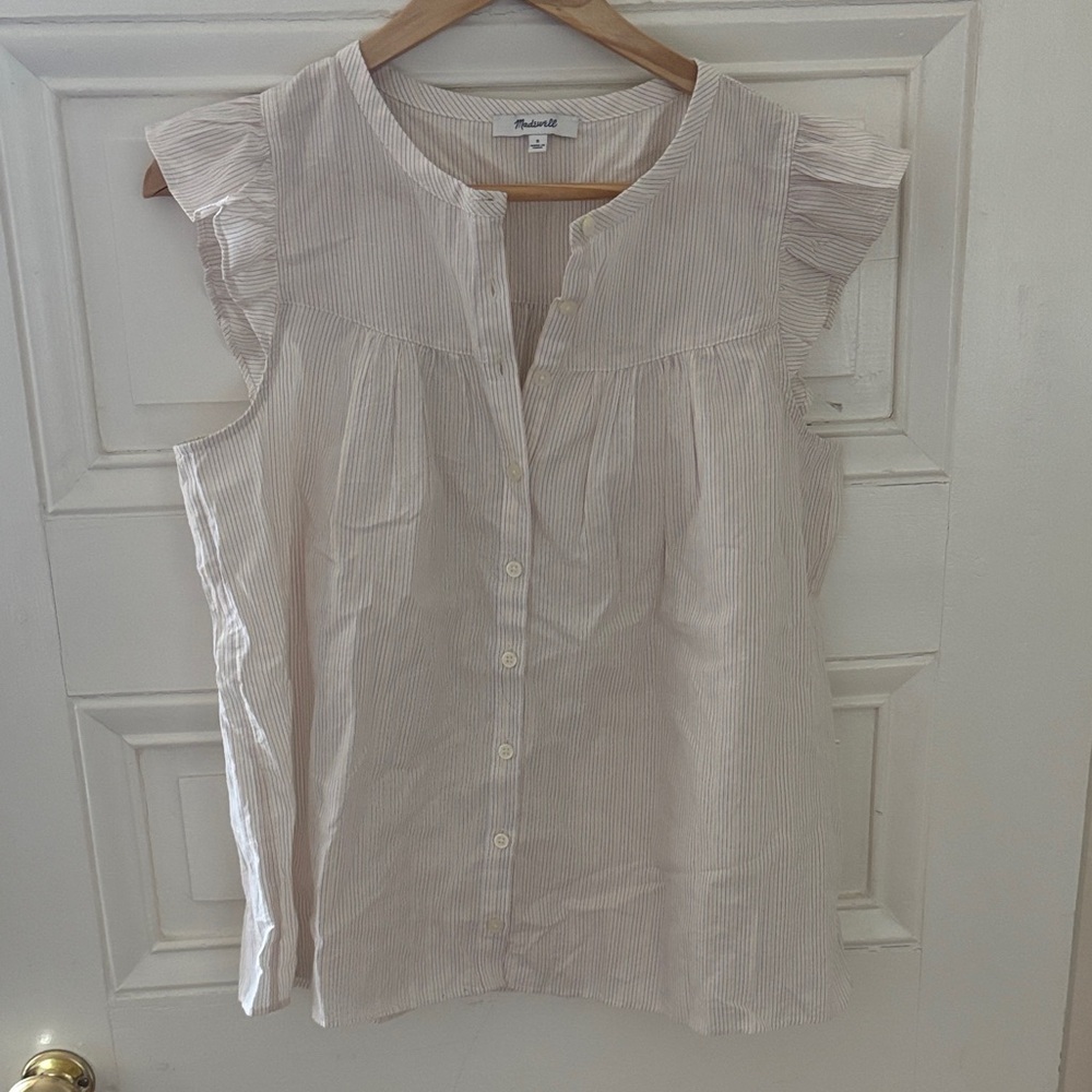 Merona Beige Striped Ruffle Sleeve Blouse